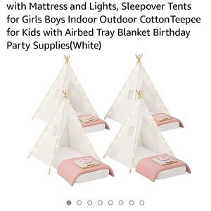 Windyun 4-Pack Kids Teepee Tent Set with Mattresses, Lights & Blankets